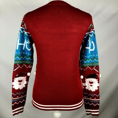 HO HO HO Santa Ugly Christmas Sweater Petite W Small Pom Poms Sequins Tinsel FUN - Picture 5 of 8