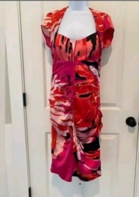 Cache 20's Vibe Keyhole Back Silk/Stretch Vibrant Dress Capped Sleeves 6