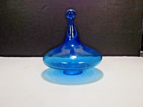 Empoli Blown Blue Glass Lid Tiny Bubbled Glass