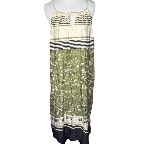 Prana Parisol Midi Dress Halter Tie Neck Sage Green Brown Cream Size XL