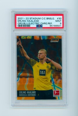 2021 Erling Haaland Topps Stadium Club Chrome Orange/Blue Refractor 2/10 PSA 9