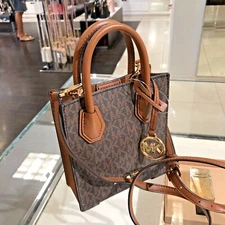 `MICHAEL KORS MERCER XS MINI SHOPPER LEATHER CROSSBODY BAG PURSE MK BROWN