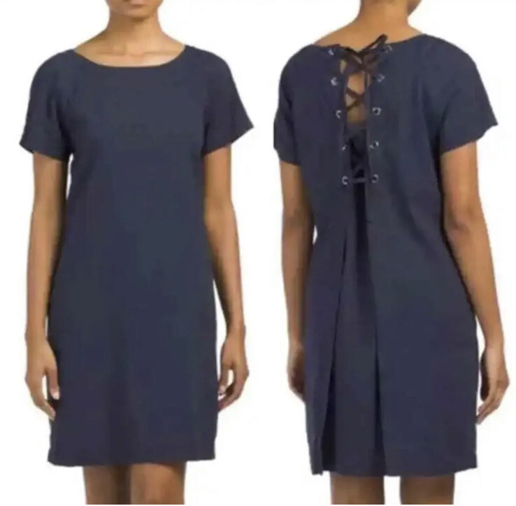 Theory Navy Lace Back Raglan Dress Linen Blend Size 6