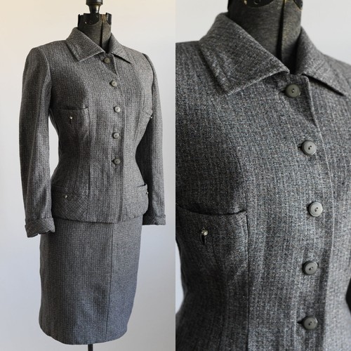 Vintage 1950s XS Gray Blue Wasp Waist Skirt Suit - Picture 10 of 10