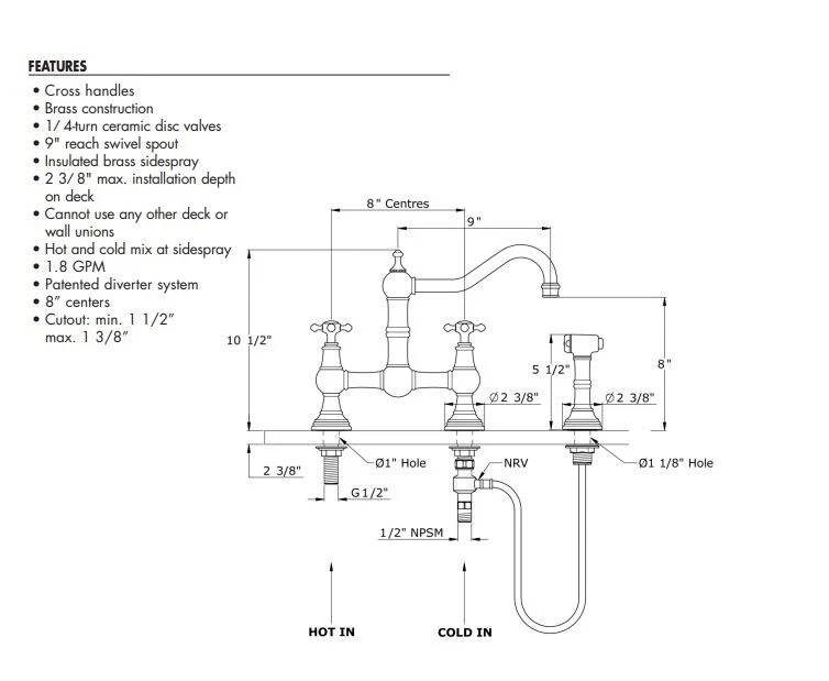 Grifo de cocina puente eduardiano Rohl U.4755X-STN-2 con pulverización lateral níquel satinado  Foto 2 de 4