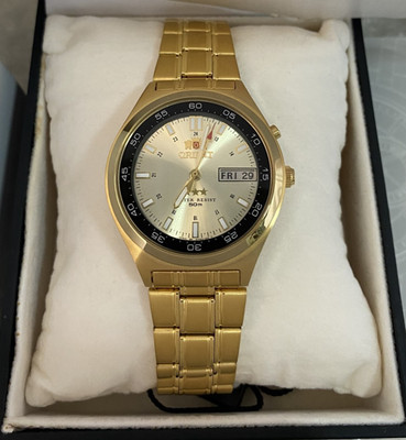 Orient Three Stars Automatik Gold Zifferblatt Edelstahl Herrenuhr Japan