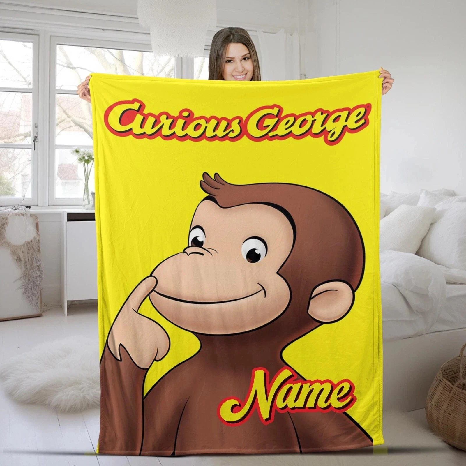 Customized Curious George Blanket Personalized Flannel Couch Nap Fleece Blanket