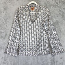 Tory Burch Shirt Womens 8 Cream Navy Floral Embroidered Beaded Tunic Bell Sleeve