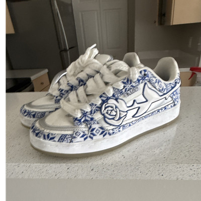 BAPE STA White Blue Silver Geometric Low Top Men's Athletic Sneakers