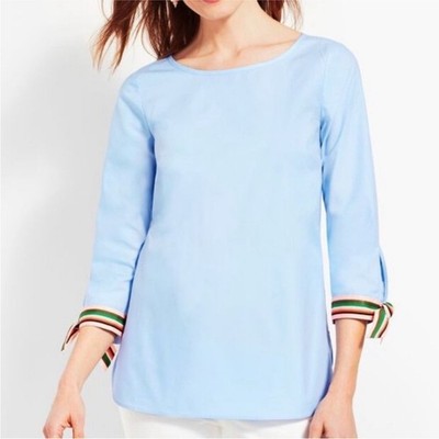 NWT TALBOTS Cotton Popover Top Women's Plus Size 3X Blue Tie Sleeve Coastal
