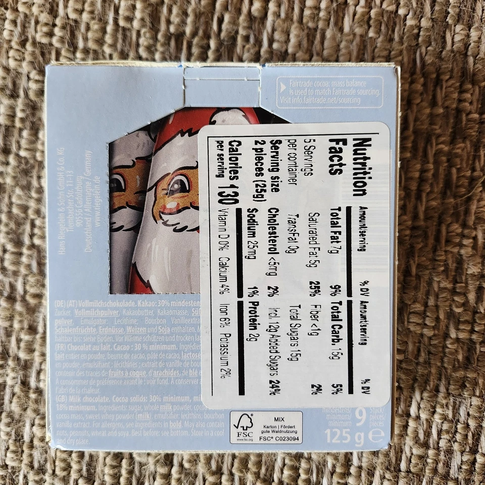 Riegelein Mini Sólido Chocolate con Leche Santas 4.4oz (4 Cajas) Comercio Justo Alemán Foto 2 de 4