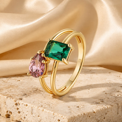 18K Gold Plated Toi et Moi Ring, Pink Pear and Emerald Green Stone Ring