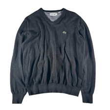 Lacoste V Neck Sweater Mens Medium Gray Wool Knit Croc Logo Pullover Fr-4 Cotton