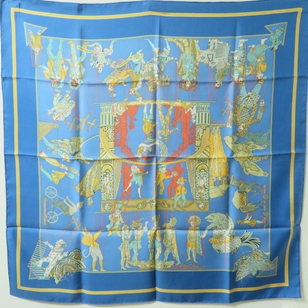 Hermes Carre90 LE TEMPS de MARIONNETTES Silk Scarf in Blue
