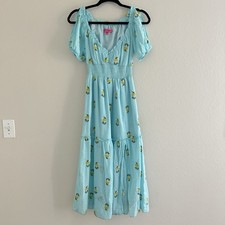 Betsey Johnson Riley Maxi Dress Womens XS Blue Floral Embroidered V-Neck Beachy