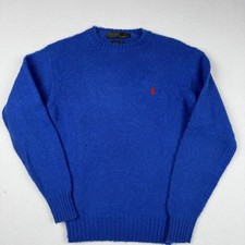 80s Polo Ralph Lauren Sweater Youth 20 Blue Shetland Wool Crewneck Knit Red Pony
