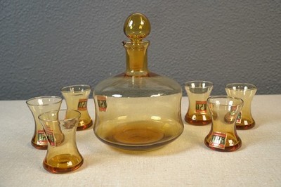 Mid Century Modern Hand Blown PeeDee Amber Glass Decanter Bottle & Cordial Set