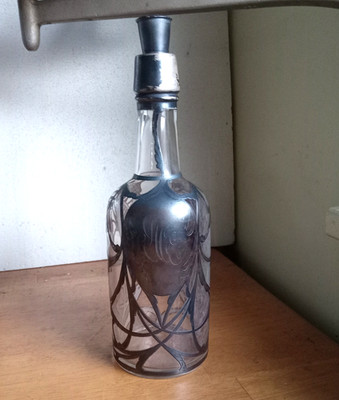 1890s STERLING SILVER THICK OVERLAY PRE PRO WHISKEY DECANTER W/STERLING STOPPER