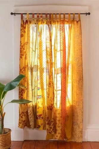 Boho Indian Silk Sari Curtain Vintage Window Panel Bohemian Bedroom Living Room - Picture 2 of 12