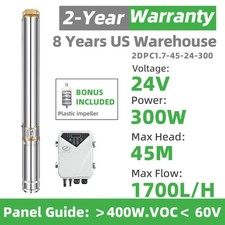 US STOCK DIFFUL 2&rdquo;DC Bore Solar Water Well Pump Kit Submersible  24V 0.4HP Clean