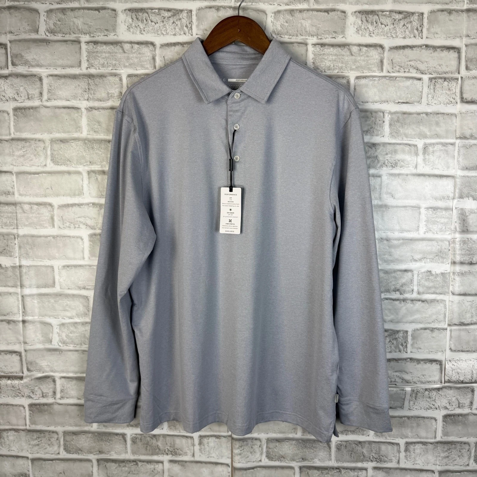 Maelreg Mens Performance Long Sleeve Polo Faded Denim Heather MGPL010 L NEW