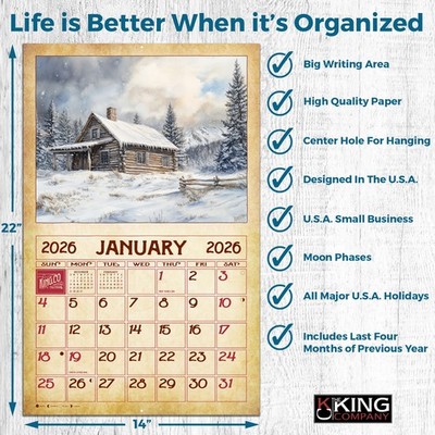 2026 Vintage Log Cabin Wall Calendar 16-Month X-Large Size 14x22