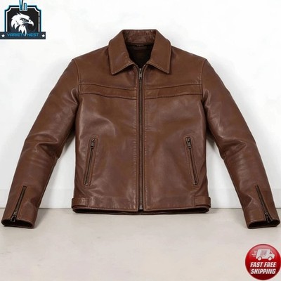 Men's Brown Leather Cafe Racer Jacket Classic Vintage Motorcycle Handmade Coat