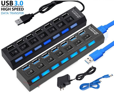 Hub Splitter Adapter 7-Port USB 2.0 / 3.0 High Speed Transfer Laptop Mac Desktop
