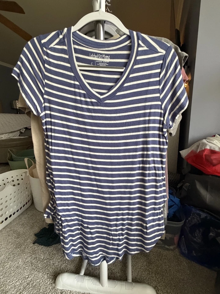 Latched Mama Nursing Boyfriend Tee Size Small Blue White Stripes - Image 1 of 1