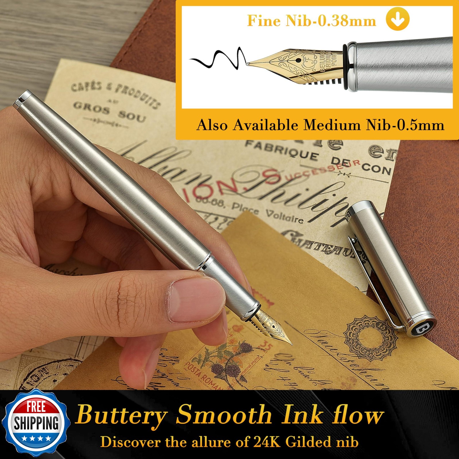 BEILUNER Luxury Fountain Pen Set, Solid 24K Gilded Fine Nib, Silver Stainless