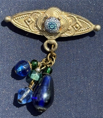 Antique Gold Tone BLU Czech Glass Drop Beads Bar Brooch w/Mosaic Center
