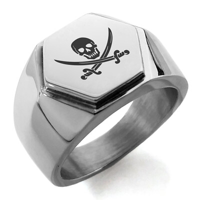Stainless Steel Pirate Skull & Swords Symbol Mens Hexagon Crest