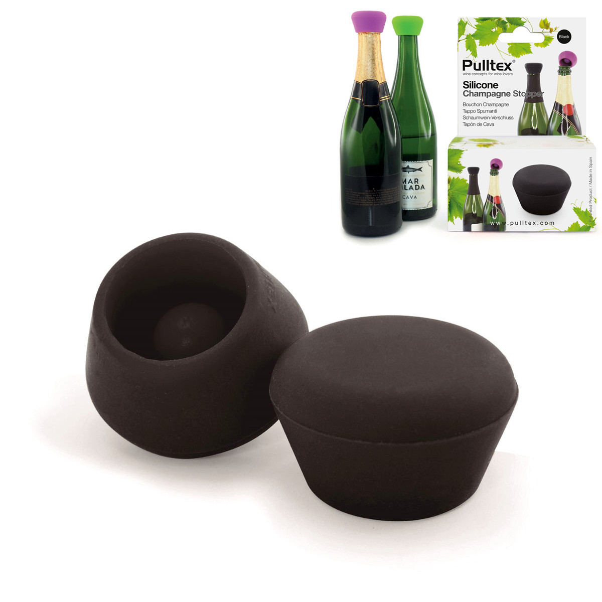 Pulltex Silicone Champagne & Sparkling Wine Bottle Stopper - Black (Set of 2)