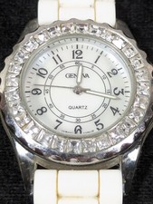 Geneva White Dial Crystal Accent Round Case White Silicone Band Watch