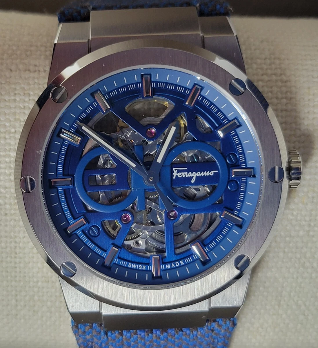 Ferragamo F-80 Men's Automatic Skeleton Watch Swiss Made Blue 41mm