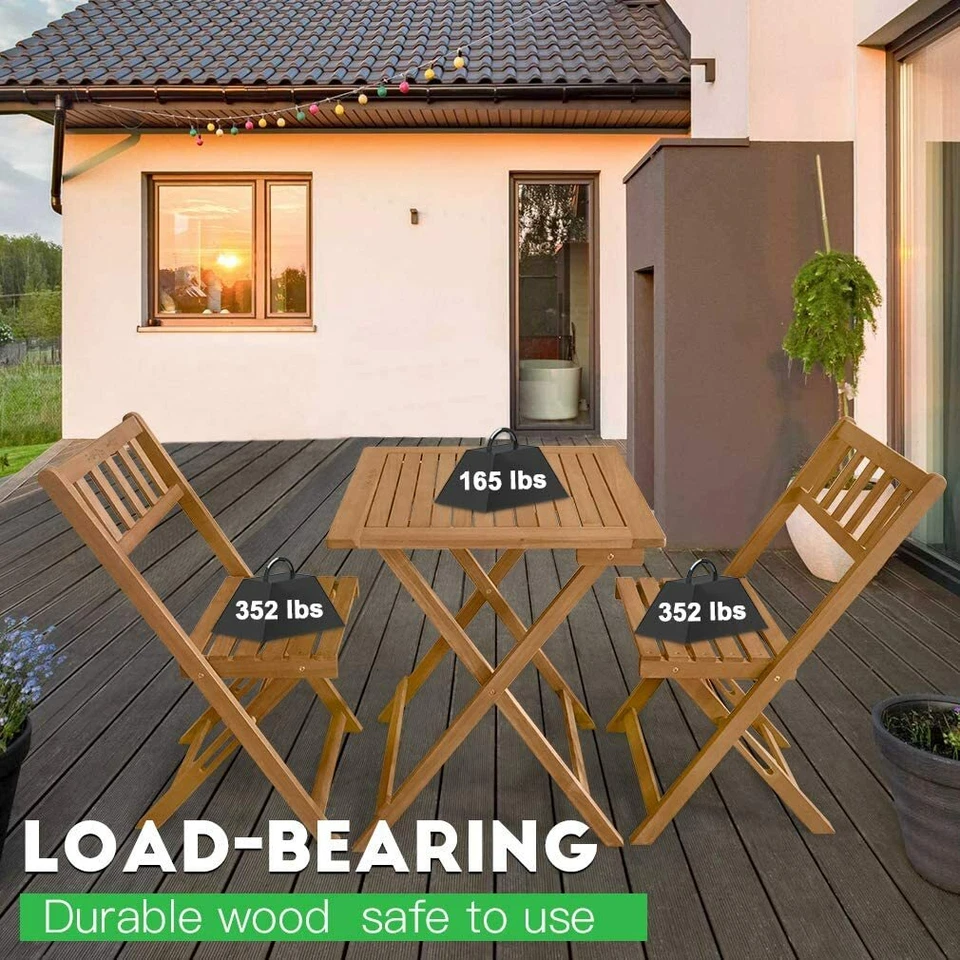 3-Piece Acacia Wood Folding Patio Bistro Table and Chairs Set, Natural Oiled - Image 2 of 4