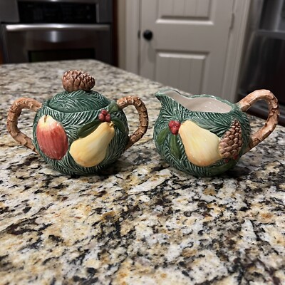 Vintage Fitz And Floyd Sugar & Creamer Set Holiday Pears 1991 Pine Cones Fruit