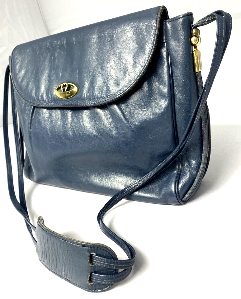 Elegante Bolso de Hombro Eitenne Aigner Vintage Cuero Col Azul Marino Solapa Años 70-80 Foto 3 de 4