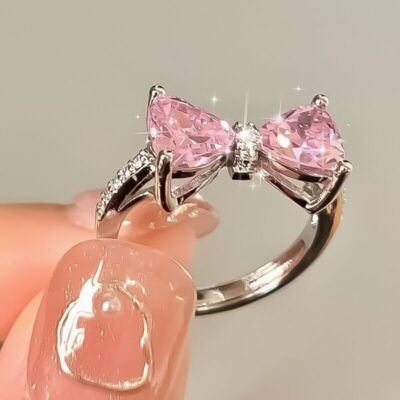 Pink Crystal Bow Womens Girls Ring Silver Rings Jewelry Fashion Accessories