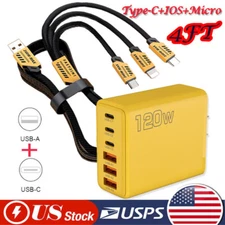 120W Fast Wall Charger ,4 in1 Multi USB Charging Cable For iPhone/Samsung/Type C