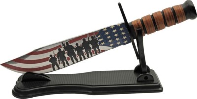 Flying Flag Fixed Knife 9.25'' Stainless Steel Bowie Blade Stacked Leather Handle