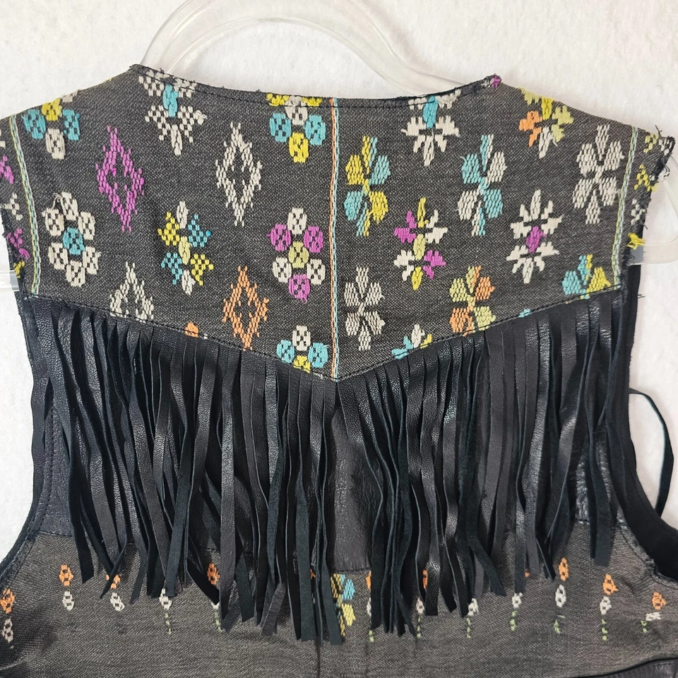 Leather Fringed Vest Ikat Ethnic Pattern Size Small Artisan Handmade Black Boho - Image 3 of 4