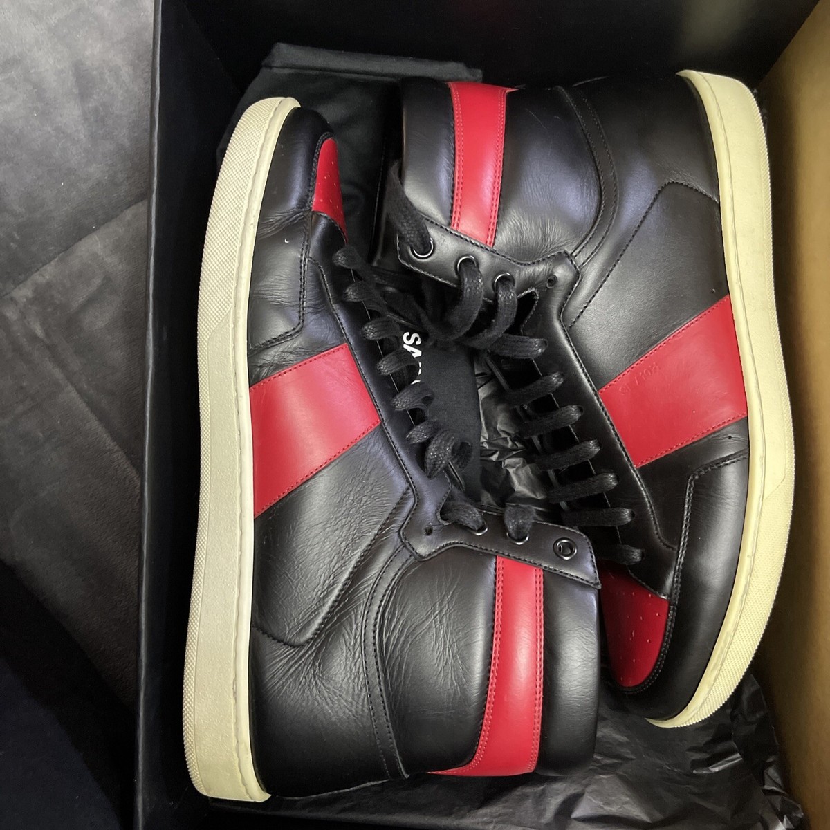 Mens Saint Laurent SL10H high top Leather Sneaker Black Red 