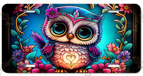 Cute Owl Faux Stained Glass License Plate #LP-AN-OW003 - Zdjęcie 1 z 4