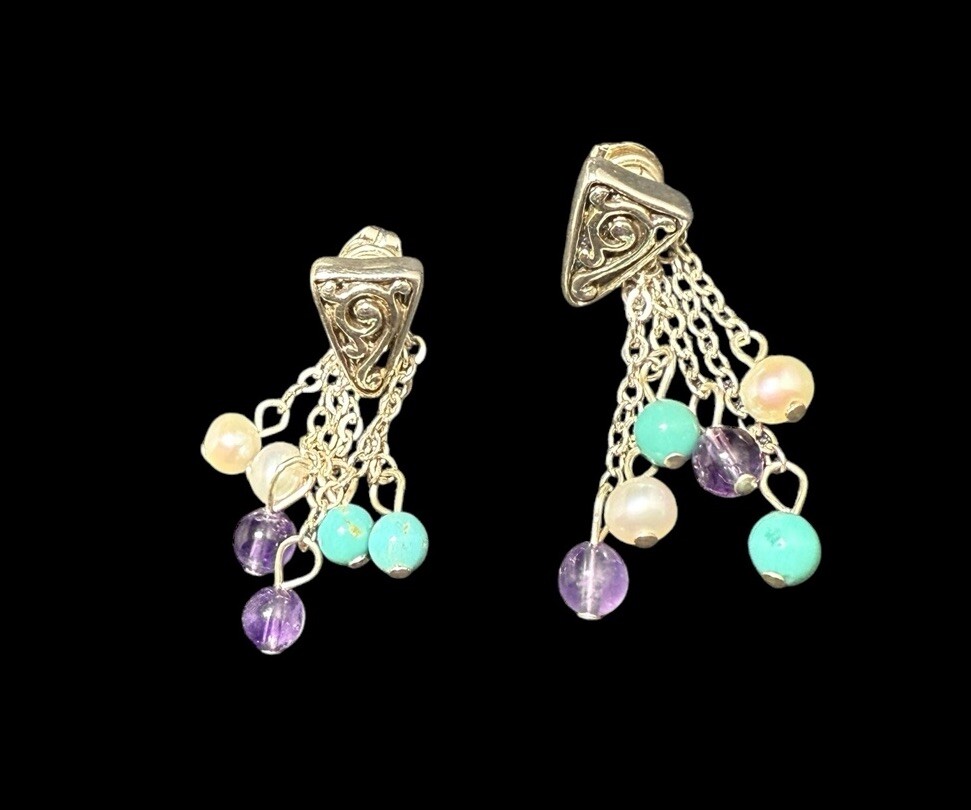 925 Silver Scrollwork Multi Gemstone Dangle Earri… - image 6