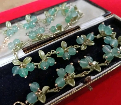 Vintage Art Deco Style Green Agate Stone & Enamel Berry Bead Drop Necklace - Image 1 of 4