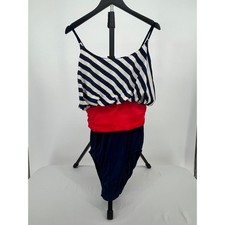 VTG Sirena Nautical Striped 1 Piece Swimsuit Women 16 Red White Blue USA Beach