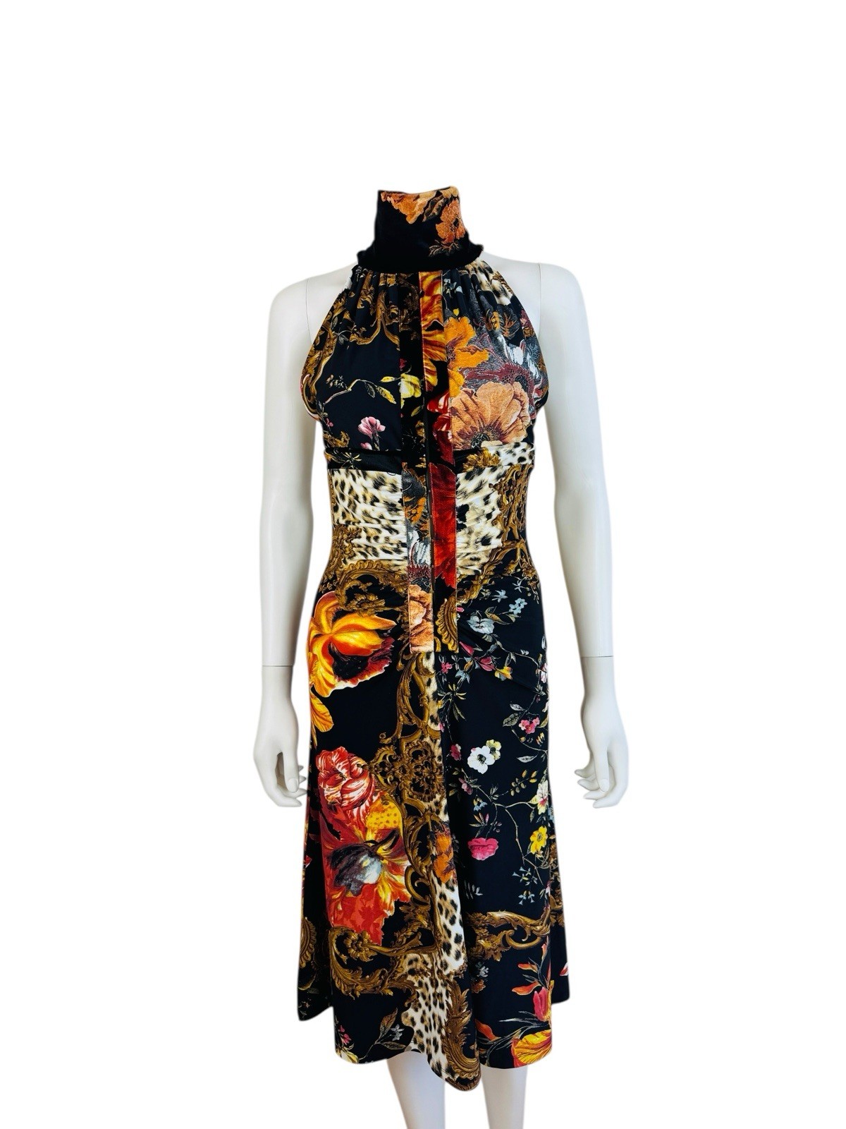 Vintage F/W 2005 Roberto Cavalli Black Halter Keyhole Cut Out Midi Dress Floral image 3