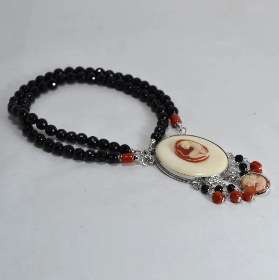 COLLANA ARGENTO 925 CAMMEI GATTO OSSO ONICE E CORALLO ROSSO CILINDRI AGLN 0292 - Immagine 2 di 4