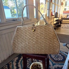 Vintage 1960s 70s Woven Raffia Look Handbag Cream Handle Gold Frame Purse